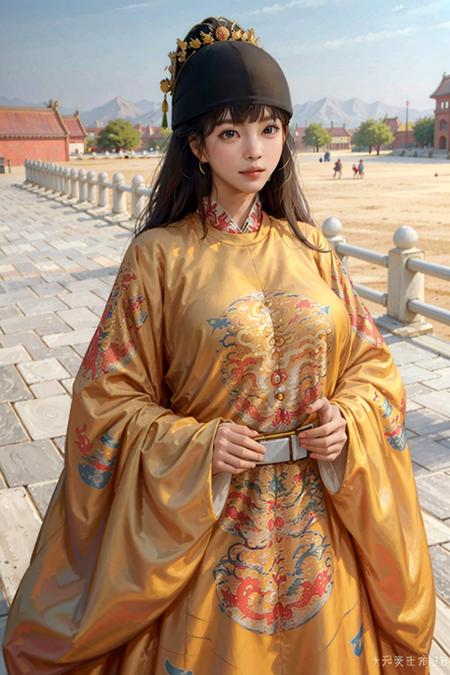 1girl, long hair, yellow dragon_gown, masterpiece, best quality, photorealistic,  Forbidden City background <lora:Han_Ye_Seul_v3:1>