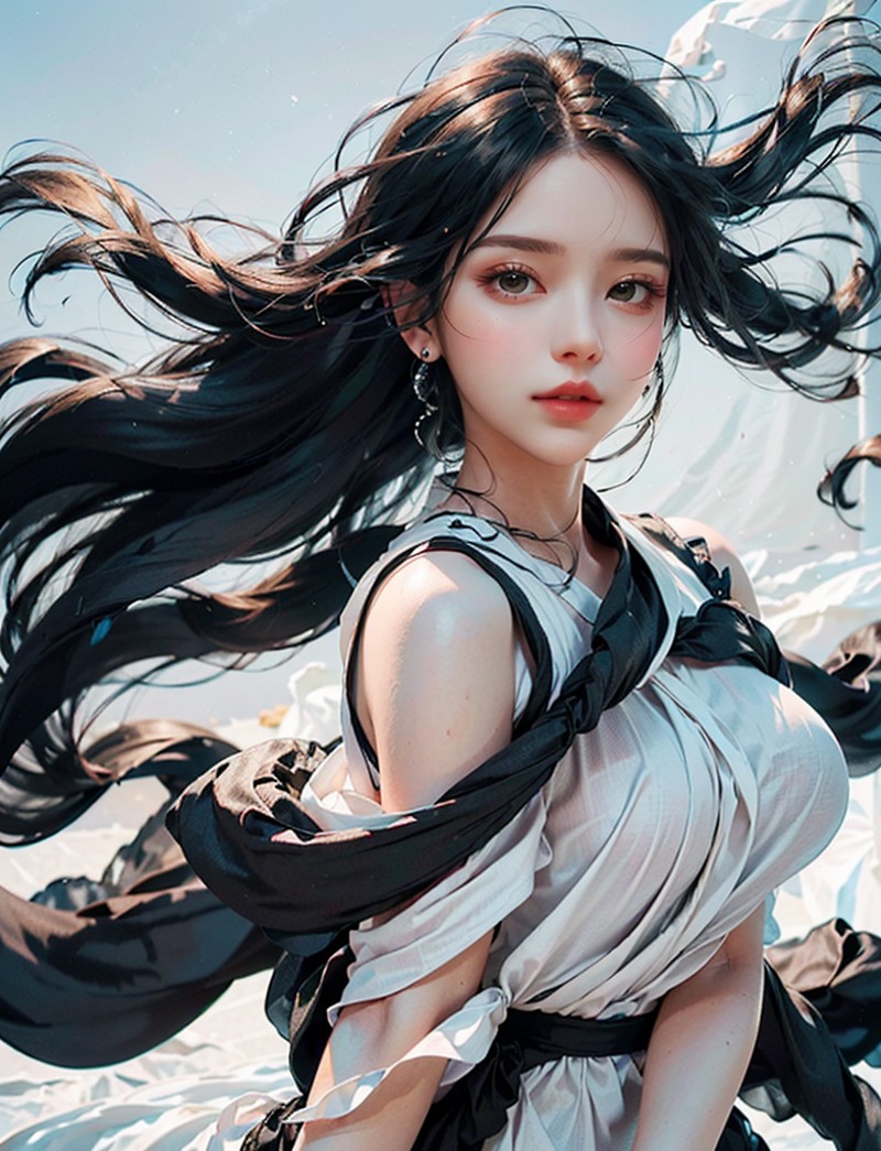 (realistic photograph:1.4) 1 girl, mature, dynamic pose, (super long flowing windy hair:1.3), twisting swirly black fabric...