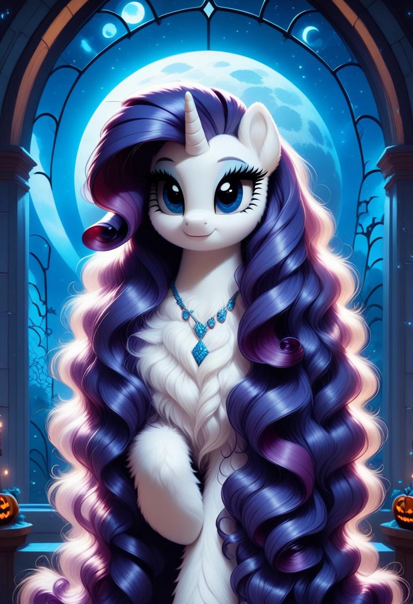 score_9, score_8_up, score_7_up,MegaFluffyPony, furry, fluffy, egirl (rarity necklace flowing hair (mlp) 1.2), cute, very fuzzy, loose hair flowing hair Maine city background inside castle looking out the window night time full moon Halloween