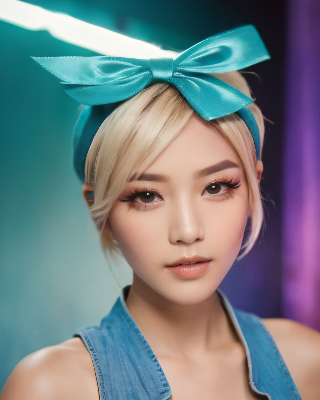 analog film, photo of beautiful asian girl, with short, sleek, (Blonde and teal highlights Tousled Pixie Cut with Headband...