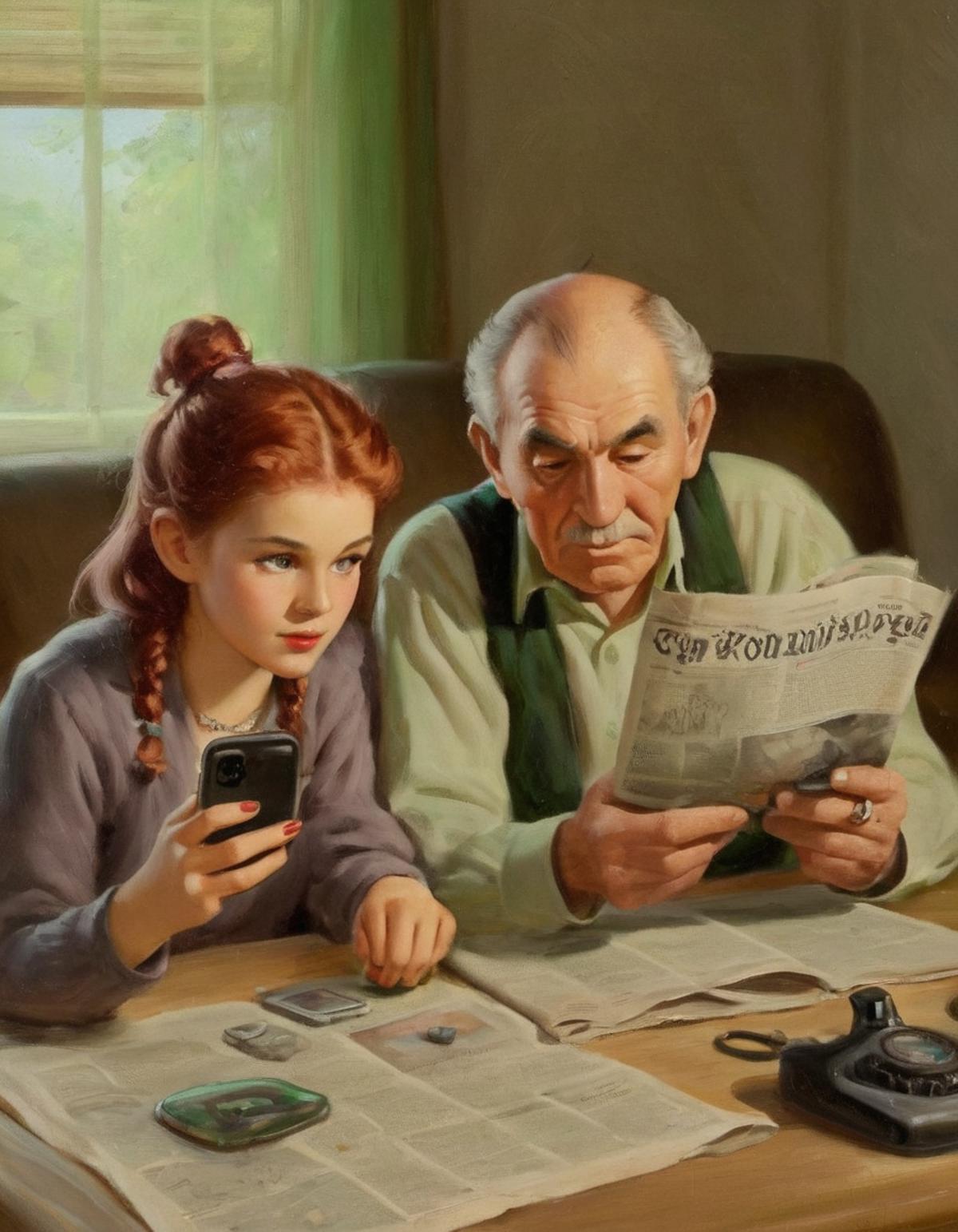 Painting of an older man and a young girl sitting together on a couch, the older man is reading a newspaper and the girl is looking at her phone.