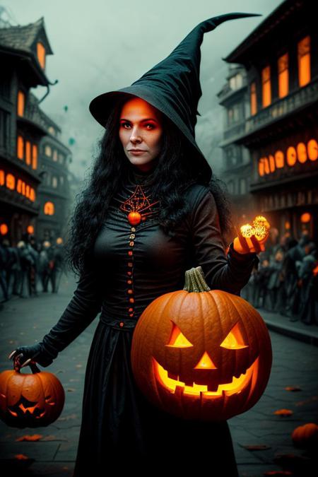 an evil witch carrying a pumpkin around town on Halloween, she has orange glowing eyes, dark night,