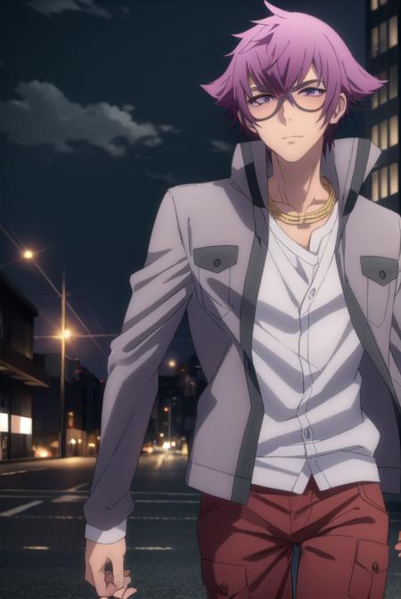 yuuyamirokuji, <lora:yuuya mirokuji s1-lora-nochekaiser:1>,
yuuya mirokuji, purple hair, male focus, sunglasses,
BREAK necklace, chain, jacket, grey jacket, pants, red pants, shirt, white shirt,
BREAK outdoor, city, night, sky, buildings, moon, clouds,
BREAK looking at viewer, (cowboy shot:1.5),
BREAK <lyco:GoodHands-beta2:1>, (masterpiece:1.2), best quality, high resolution, unity 8k wallpaper, (illustration:0.8), (beautiful detailed eyes:1.6), extremely detailed face, perfect lighting, extremely detailed CG, (perfect hands, perfect anatomy),