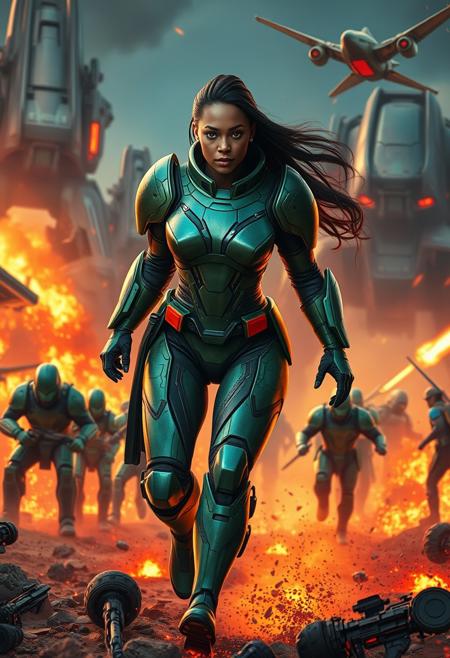 In a sci-fi movie, a (((dark skin))) female warrior with (((hair extensions))), strides across a fiery battlefield, her powerful armor glimmering in shades of green (((camouflage))) The sleek curves of her metallic suit seamlessly blend with her movements as she swiftly dodges enemy fire and charges into the fray. The futuristic setting of towering machines and flying spacecrafts adds to the intensity of the scene, but the focus remains on the woman as she fearlessly leads her troops towards victory. Her determined expression and commanding presence showcase her heroic character, while her camo armor symbolizes her strength and loyalty to her cause. The art style is a blend of realism and stylized elements, creating an immersive and visually stunning world.
