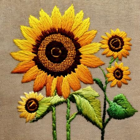 <lora:kEmbroideryRev:.9> Embroidery sunflowers