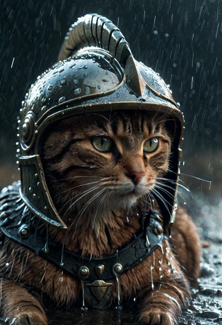 a breathtaking, detailed cinematic close-up: a tabby cat wearing a Spartan helmet, wet with rain, detailed liquid water droplets, ancient battlefield, feline Spartan warrior. tearStyle2, hyperrealistic, long exposure, cinematic, sinfully stylish lighting, ultra high-res, UHD, an unforgettable masterpiece
