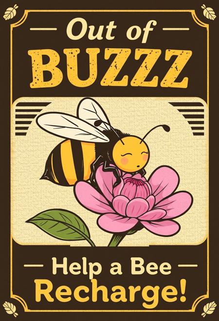 A vintage poster, retro design, cartoon, of a bee sleeping on a flower, with the text “Out of BUZZ – Help a Bee Recharge!”