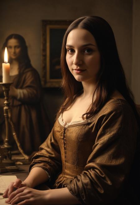 (((masterpiece picture, Mona Lisa in Leonardo da Vinci's painter studio, in Florence 2024 a.d.))). Mona Lisa with her famous subtle smile wearing 1200 a.d. dresses working at a big imac monitor. Twilight warm and calm atmosphere. Many paintings and painter tools in the background. Wide angle lens, ((low angle shot)), ((full figure shot)), perfectly detailed scene, extreme realism. ((Characters illuminated only by warm soft candle light, dark shadows)), artistic framing, low saturation, low contrast, ((soft focus)). Establishing hot.