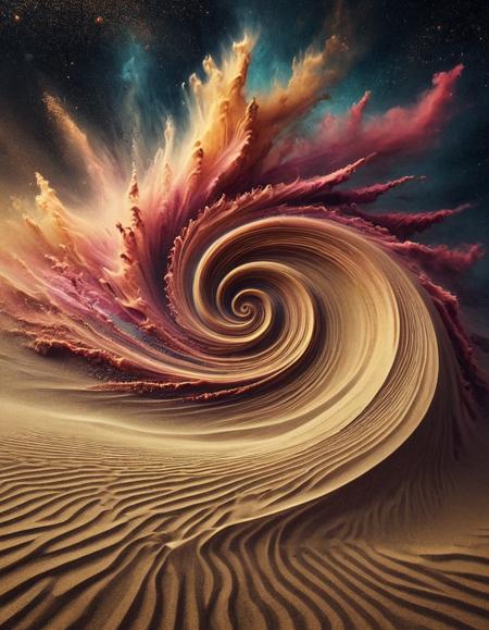 abstract swirling sand, cosmic dust, nebula, stardust, sandswirl, ancient ruins emerging from sand, forgotten city  <lora:SandSwirlLoRa:0.8>