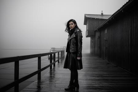 Atmospheric noir photo of a young woman, embodying a tough yet vulnerable demeanor, standing alone on a mist-enshrouded dock, in the style of Ridley Scott, silhouette contrasts against the foggy backdrop, dressed in a worn leather jacket, with disheveled hair, and eyes fixed on the horizon, full body, under dim, flickering lights casting long shadows, with the sound of water lapping at weathered wood, shot on a Leica M10 with a monochromatic filter to capture the gritty, cinematic essence. <lora:more_details:0.6>