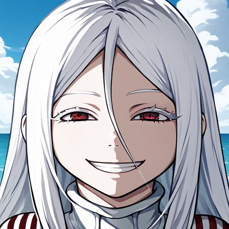 shiro \(deadman wonderland\),albino,white hair,cowlick,white eyebrows,colored eyelashes,red eyes, collar,white bodysuit,skin tight, brown mittens,