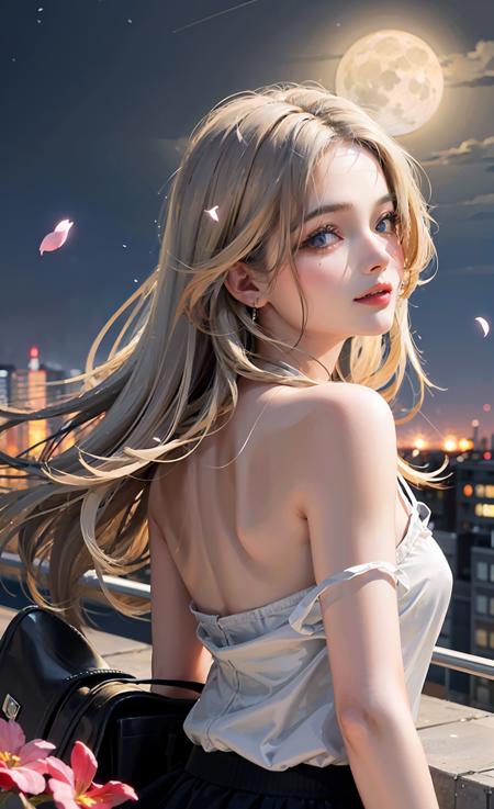 masterpiece, best quality, 1girl, (colorful),(finely detailed beautiful eyes and detailed face),cinematic lighting,bust shot,extremely detailed CG unity 8k wallpaper,white hair,solo,smile,intricate skirt,((flying petal)),(Flowery meadow) sky, cloudy_sky, building, moonlight, moon, night, dark theme, light, fantasy, <lora:Google:0.55>