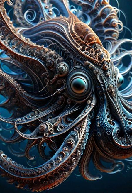 a close shot photo of a ral-frctlgmtry squid, highly detailed, intricate design, high quality, 8k, cinematic, epic, ray tracing, deep shadows, dark fantasy