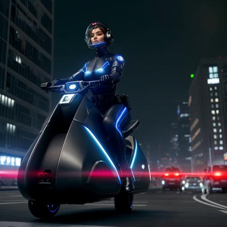 in year 2050, Attractive woman, futuristic policewoman,  skintight police [uniform|body armor],  utility belt, riding an electric levitating  hoverbike fast  to an urban  crime scene,  (from front:1.0),  (huge round breasts:0.9), approaching viewer, breasts, <lora:b1k3g1rl_wd14_blip:0.4>