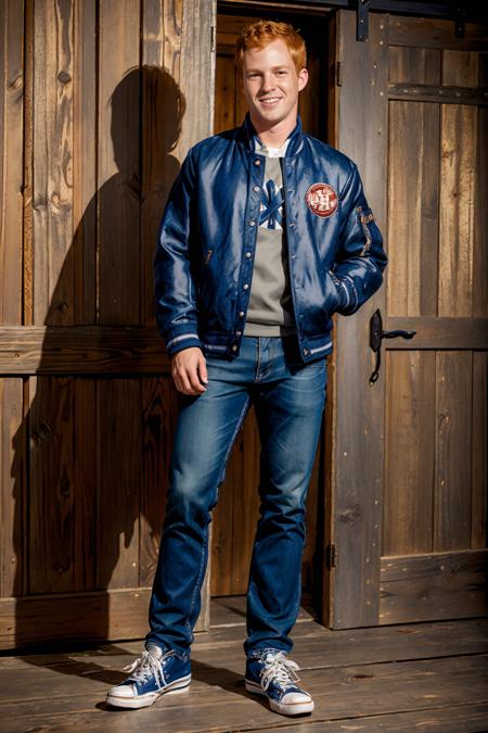 a wooden barn, standing by the barn door, BluKennedy, smiling, wearing shirt, ((letterman's jacket)), blue jeans, Converse sneakers, portrait pose, senior class portrait, masterpiece, (((full body portrait))), wide angle <lora:BluKennedy-000008:0.75>