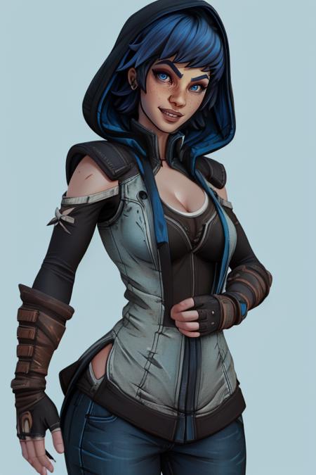 Ava, long blue hair, blue eyes, freckles ,  small nose ring,   smile,   cowboy shot, 
AGear,  fingerless gloves ,pants ,shoes,  toned,  hood down,  cleavage cutout,  large breasts, 
monk temple, mature, 
(insanely detailed, beautiful detailed face, masterpiece, best quality)     <lora:Ava:0.7>