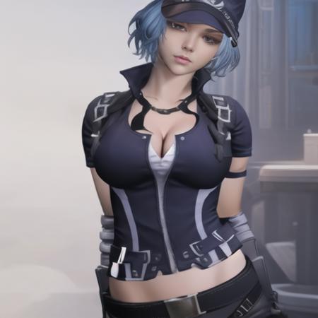 (masterpiece, best quality:1.2),illustration,8k,hd,1girl,solo,upper body,portrait,realistic,delicate face,beautiful detailed eyes,breasts,short hair,cleavage,gloves,hat,knee pads,large breasts,boots,blue hair,midriff,pants,shirt,short sleeves,grey hair,elbow pads,black pants,belt,<lora:Sophia-V1:0.8>,