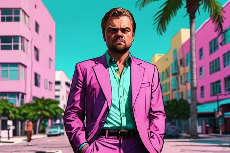 leonardo dicaprio, angry, as a character in GTAV, vice city, neon, pastel, miami vice, flat colors, dutch angle, tilted angle, rockstar games, gta vice city, grand theft auto style, exaggerated, pop art style, vibrant colors, full body view
  <lora:add-detail-xl:1> <lora:aesthetic:1>  <lora:detailed_notrigger:1> <lora:Line Art Style SDXL_LoRA_20r_20e_8i_nr32_a16_Pony Diffusion V6 XL:1>
