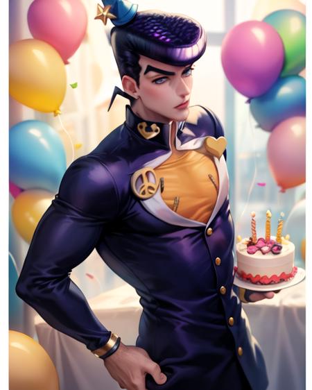 ((wearing birthday hat)) 1boy,  <lora:josukejojo2:1.2> , solo, gakuran ,(best quality), (ultra detailed),(highres), absurdres, ((josukejojo)), closeup headshot profile photo,  <lora:aoArtstyleLora_v10:0.4> <lora:sakimiChanLora_v10:0.6>  cute, pixiv, balloons, birthday cake