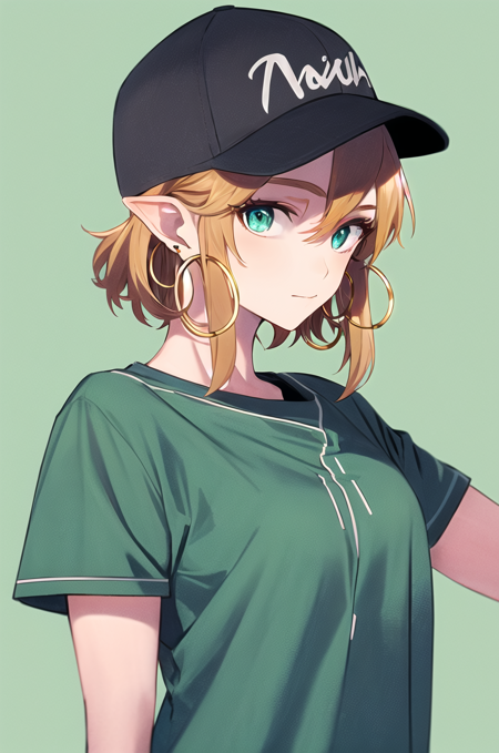 link, masterpiece, best quality, 1girl, aqua eyes, baseball cap, blonde hair, closed mouth, earrings, green background, hat, hoop earrings, jewelry, looking at viewer, shirt, short hair, simple background, solo, upper body, yellow shirt <lora:link_offset:1>