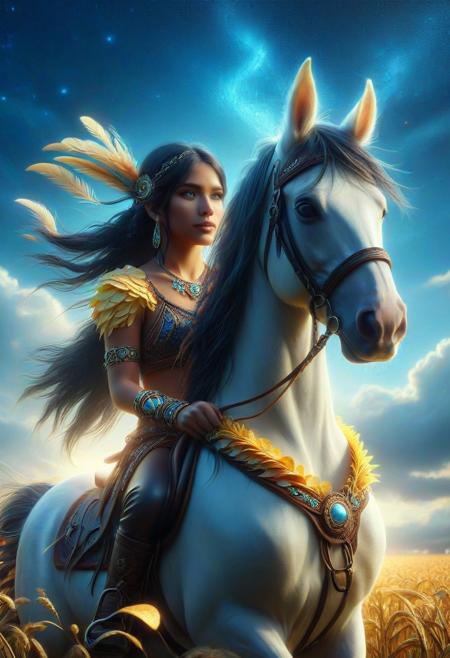made out of potato chips  
native american, 1girl, sky, braid, riding, cloud, outdoors, solo, long hair, jewelry, dark skin, day, feathers, blue sky, dark-skinned female, field, black hair, horse, saddle, reins, blue eyes, single braid, horseback riding, braided ponytail, animal, looking afar, headband, necklace, tribal, fringe trim, sleeveless, feather hair ornament, armlet, bracelet, facepaint, cloudy sky, earrings, wind, from side, looking ahead,
perspective, light and shadow, religious, mythological themes, magnificent, celestial, ethereal, moody, epic, majestic, magical, rich details, 
intricate details, highly detailed, ultra-detailed, absurdres, vivid, vibrant, volumetric lighting, 
midjourneyv6.1, ais-particlez, 
made out of potato chips
