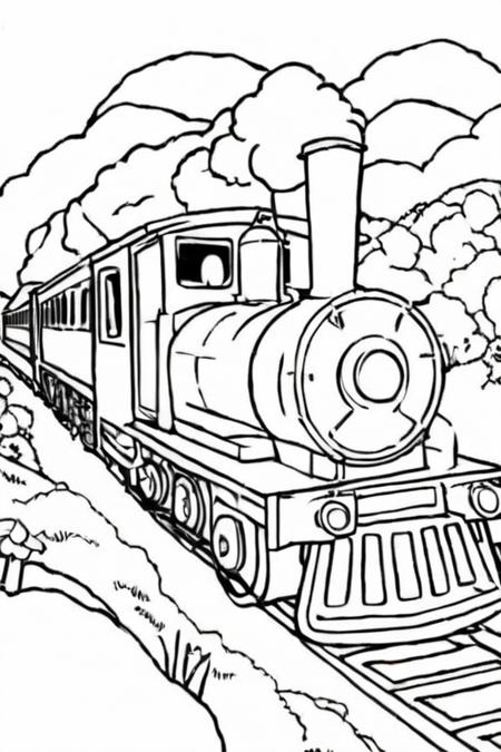 line art, coloring page, black and white, a train, <lora:Coloring_book_-_LineArt:1>