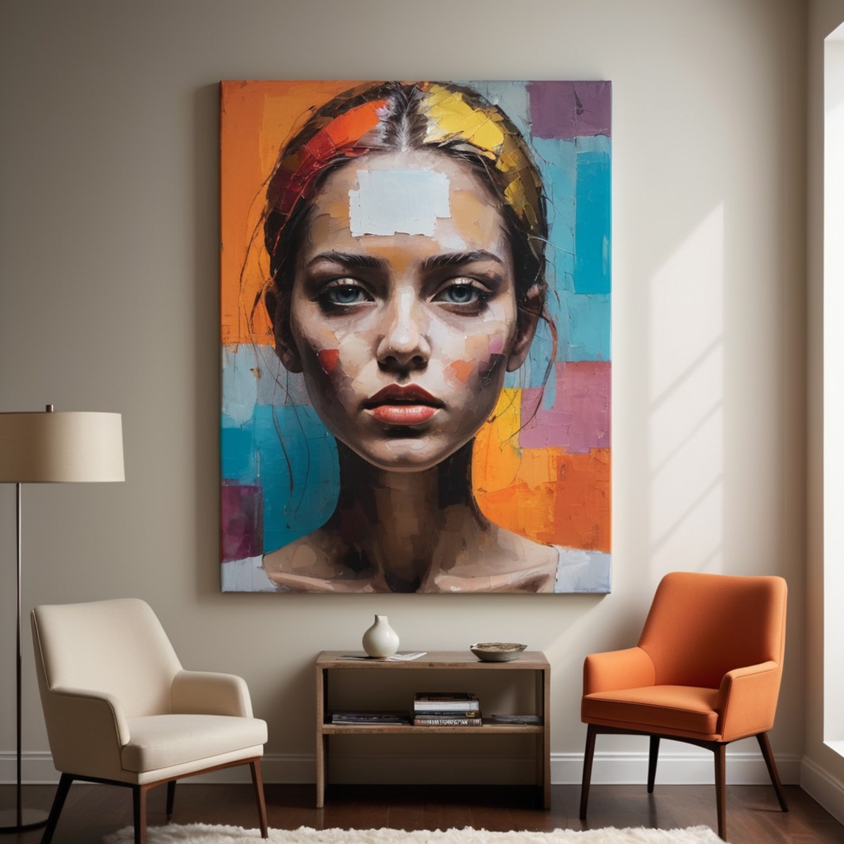 Create a piece of contemporary art on canvas, styled to embody the essence of modern aesthetics. This artwork should be ca...
