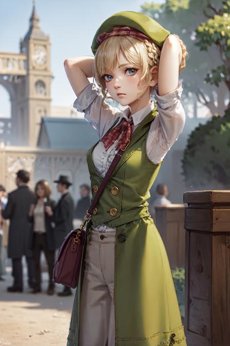 (masterpiece, best quality:1.2), <lora:gaa_lestrade-10:0.7>, solo, 1girl, gina lestrade, looking afar, arms behind head, short hair, braid, green headwear, green coat, shoulder bag, London, cobblestone road