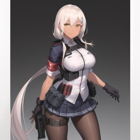 (masterpiece, best quality:1.2),illustration,absurdres,8k,hd,1girl,solo,cowboy shot,m590 (girls frontline),dark skin,yellow eyes,hairclip,hair ornament,large breasts,white hair,pleated skirt,black pantyhose,boots,smile,black gloves,looking at viewer,thigh strap,pouch,armband,very long hair,<lora:M590(gf)>,