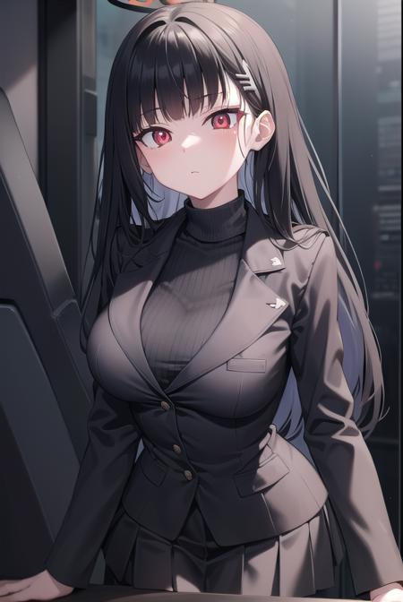 rio, black hair, (red eyes:1.5), hair ornament, hairclip, halo, long hair, black footwear, black jacket, black pantyhose, black skirt, buttoned cuffs, high heels, jacket, long sleeves, office lady, pantyhose, ribbed sweater, skirt, sweater, thigh strap, turtleneck, turtleneck sweater, white sweater,