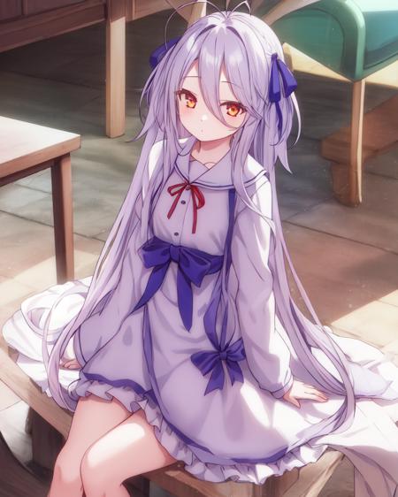 Shiro,1girl, solo, long_hair, silver_hair,dress,(white dress:1.2),ahoge,antenna hair, sitting,bow,ribbon,red ribbon,