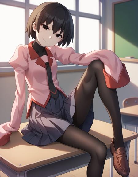 score_9, score_8_up, score_7_up, score_6_up, score_5_up, score_4_up, source_anime, BREAK
OshinoOugi, 1girl, solo, looking at viewer, smile, bangs, skirt, shirt, sitting, closed mouth, school uniform, pantyhose, pleated skirt, necktie, shoes, puffy sleeves, indoors, black skirt, head tilt, black pantyhose, window, turtleneck, brown footwear, juliet sleeves, loafers, black necktie, desk, knee up, pink shirt, classroom, school desk, chalkboard, on desk, sitting on desk, black undershirt,
<lora:OshinoOugi_PD6XL:1>