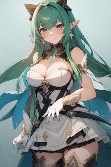 1gril,pointy ears,white dress, cleavage, bangs, white gloves, earrings, jewelry,strapless dress,Green hair,full body, dynamic pose, 