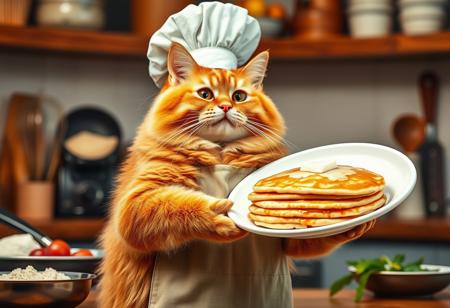 Create an image of a chubby orange cat wearing a chef's hat and apron. The cat is standing in a kitchen proudly holding a huge plate of pancakes. Surround it with kitchen utensils, such as a frying pan, whisk, and ingredients for pancakes, to create an atmosphere of culinary creativity. The lighting should be warm and cozy, highlighting the friendly and cheerful character of the cat.
