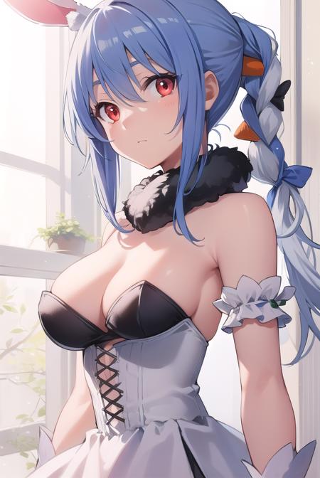 pekora usada, animal ears, blue hair, braid, carrot hair ornament, food-themed hair ornament, hair ornament, multicolored hair, (red eyes:1.5), rabbit ears, twin braids, twintails, two-tone hair, strapless, strapless dress, (white dress:1.5), black gloves, black pantyhose, bow, bridal garter, detached sleeves, dress, fur scarf, fur trim, fur-trimmed dress, fur-trimmed gloves, gloves, pantyhose, puffy detached sleeves, puffy sleeves, red bow,