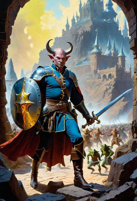A hyperrealistic 8k photograph was captured by Sid Avery's Hasselblad camera, depicting close-up a handsome+ Tiefling shield bearer with pink+++ skin and slender build during a battle+++, surrounded by goblins++, He has a bald head, neon yellow eyes, calm++ and handsome+ and detailed face, cold smile++, mysterious and ominous aura of dark shadows enveloping the figure, Lovecraftian Horror-themed, in the artistic style of Boris Vallejo, Shadows casting an uncanny atmosphere, hints of eldritch dark energy crackling, He is dressed in a musketeer outfit, high details and era-appropriate, He is wielding a magically radiating+ Backsword+ in the right hand, and he is holding a steel shield+++ in the left hand, Backdrop (background) of a focused scene of a battle with goblins next to a crystal palace, Mysterious composition, imbued with a dark, ambient 3d warm studio backlight.