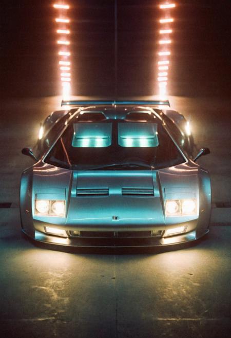 analog film photo (Sportscar gleaming prototype, symmetrical front view, bright headlights), neon lights, glass background, light reflections, (stylish, film grain:1.3) . faded film, desaturated, 35mm photo, grainy, vignette, vintage, Kodachrome, Lomography, stained, highly detailed, found footage