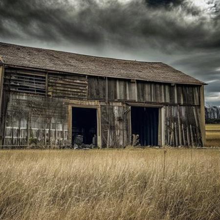 a barn with a cornfield 

Decay768