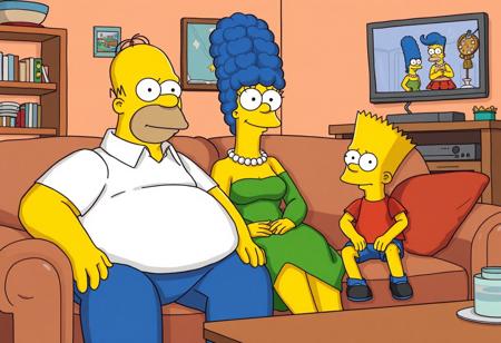 Create a realistic image of a family sitting together in a cozy living room. The scene should feature a middle-aged man with a round body, wearing a white shirt and blue pants, sitting on a sofa. He should have a bald head with a few strands of hair on top and a distinct overbite, resembling Homer Simpson. Next to him, on the sofa, is a woman with blue hair styled in a beehive, dressed in a green dress—this is Marge Simpson. Also on the sofa is a young boy with spiky hair and a red t-shirt, who should resemble Bart Simpson. The background should include a TV screen showing a cartoon, and the room should have a warm, inviting feel with typical living room furniture and decorations