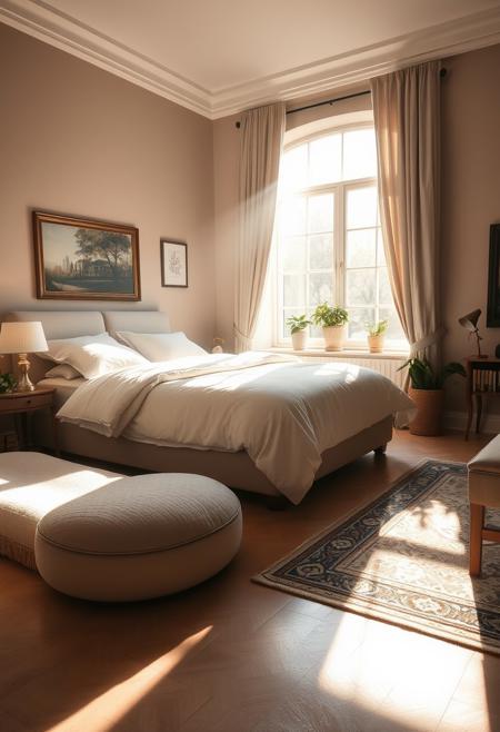A cozy bedroom featuring a large bed as the focal point, with soft, inviting bedding and plush pillows. The room is bathed in gentle, warm morning light streaming through a large window, casting a soft glow over the entire space. The light creates delicate shadows on the floor and highlights the textures of the fabrics and furniture. The interior is tastefully decorated with subtle, elegant details such as a bedside table with a lamp, a rug with intricate patterns, and a few potted plants adding a touch of greenery. The overall atmosphere is serene and welcoming, with the morning light enhancing the room's peaceful ambiance.
