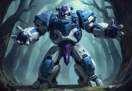 The image features a detailed, full-body view of a Gear Golem the Moving Fortress, standing in a dynamic pose with arms outstretched. The Gear Golem the Moving Fortress showcases a blue and white color scheme with purple and black accents, giving it a futuristic appearance. The background is a epic Erosion Hand Forest, allowing the rGear Golem the Moving Fortress's vibrant colors to pop. The image is expertly composed, with a focus on the Gear Golem the Moving Fortress's intricate design and lifelike details, including its expressive eyes and detailed clothing. The quality is exceptional, boasting sharp lines, harmonious colors, and vivid emotions, making it a stunning and captivating piece of art.