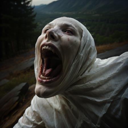 <lora:RPGBanshee> photo of banshee, white cloak, open mouth, teeth, skeletal, ((screaming)), mountains, ((night)), 8k, depth of field, looking at viewer