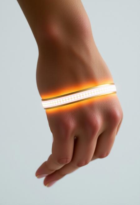 subdermal LED cuff bracelet, (internal LED glow:1.7), (embedded LEDs:1.7) forming an elegant band of light around the wrist, soft glow radiating evenly beneath the skin, (uniform light segments:1.6), (glowing light bands:1.6) mimicking the structure of a classic cuff bracelet, natural skin tone with seamless light diffusion, high-definition, (ultra-realistic skin texture:1.8), radiant light seamlessly integrated into the skin, perfect for both formal and everyday wear, (worn bracelet:-1.8), (visible cuff:-1.8), (unnatural glow:-1.5), smooth, refined light transitions, modern and bold, timeless elegance