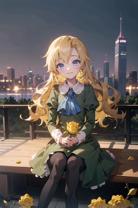 masterpiece, best quality, 1girl, maryib, green dress, blue ascot, pantyhose, smile, flat chest, (cinematic), (high quality CG:1.2), outdoors, (holding yellow rose), sunrise, city skyline, beautiful view, (detailed background:1.2), sitting on bench  <lora:maryibv6-000007:1>