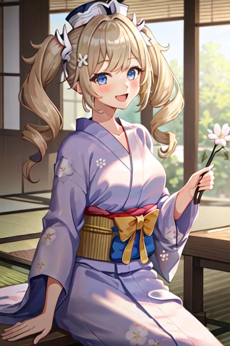 best quality, masterpiece, highres, solo, {yukata:1.40}, {kimono:1.20}, {barbara_genshin:1.15}, blonde_hair, blue_eyes, twintails, bangs, long_hair, drill_hair, twin_drills, hat, blush, smile, open_mouth, breasts, white_headwear, hair_ornament