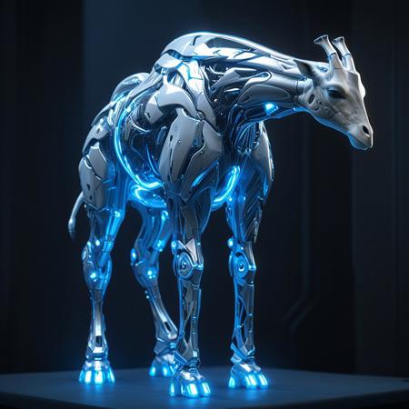 a giraffe made of glossy silver and blue glow, delicate frame, cyborg, deus ex human revolution, SilverPulse, masterpiece, best quality, highly detailed, sharp focus, dynamic lighting