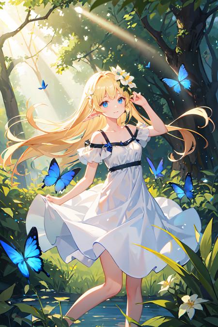 ((masterpiece,best quality)), <lora:GoodHands-vanilla:1>,tyndall effects, reflection light,ray tracing,god rays,forest, blonde hair, long hair,blue eyes, pointy ears, small breasts, white sundress,anadem, hair flower, flying blue butterfly,