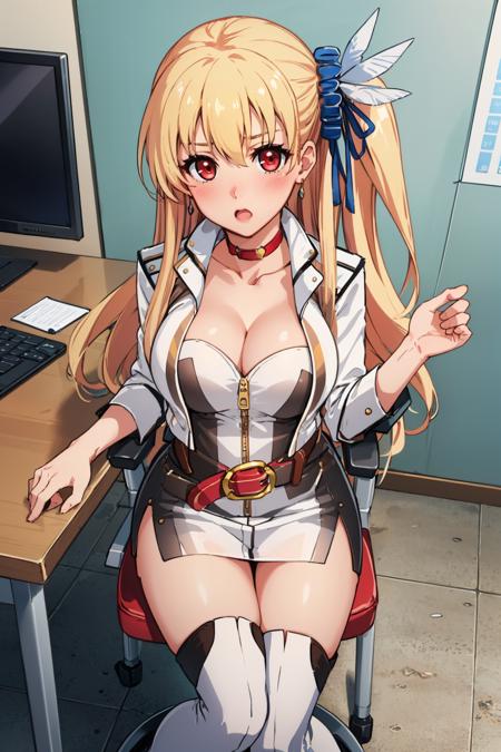 masterpiece, best quality, alisa reinford, sen3alisa, side ponytail, scrunchie, choker, white jacket, white dress, red belt, thigh boots, large breasts, cleavage, office chair, sitting, office, table, looking at viewer, from above, surprised, blushing <lora:alisa-nvwls-v2-000009:1>