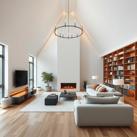 photorealist modern minimalist living room inside a piramide shape room,fire place, library, sofa,  photorealist, masterpiece, 4k, high details