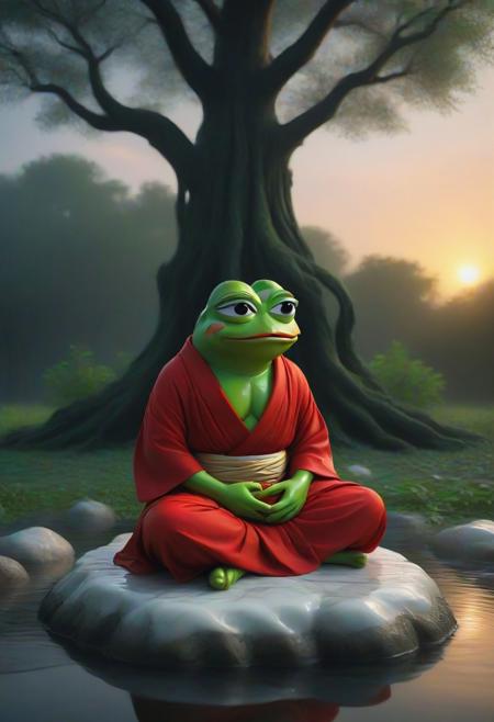 Liquid Marble, pepe_frog is sitting meditating under a tree sitting on a rock like the buddha ( sad pepe_frog:1.2), unhappy, full body, swamp, from side, wearing red buddhist monk robes, wearing red clothes, red clothed, serene face, closed eyes, peaceful, sunset,
(oil on canvas:0.1), cinematic light, Jeremy Mann, dark shot, vegetable, highlights,
<lora:ClassipeintXL1.9:0.3> <lora:pepe_frog SDXL:1>, ,best quality, high resolution, extreme detail, outstanding composition, masterpiece,